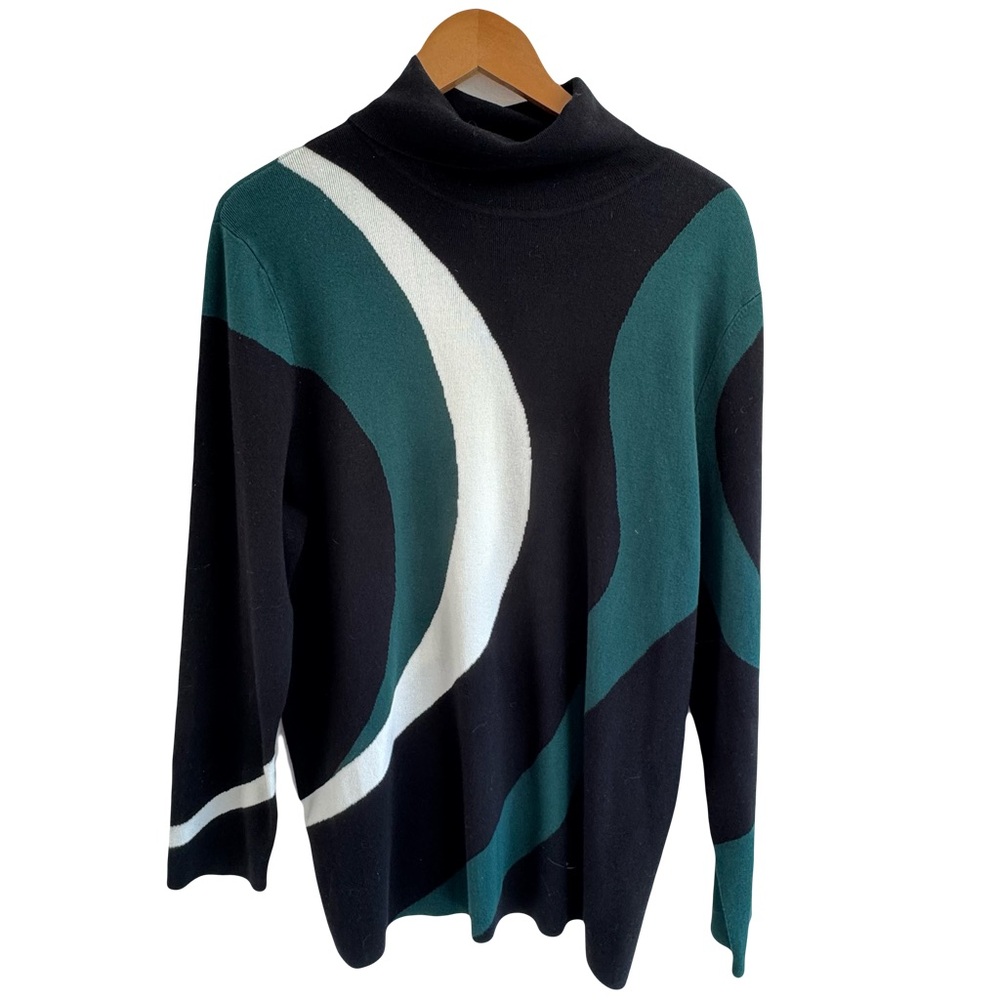 Chico’s  Women’s  XXL  Black  Green  Curved  Stripe  Turtleneck  Sweater  Modern